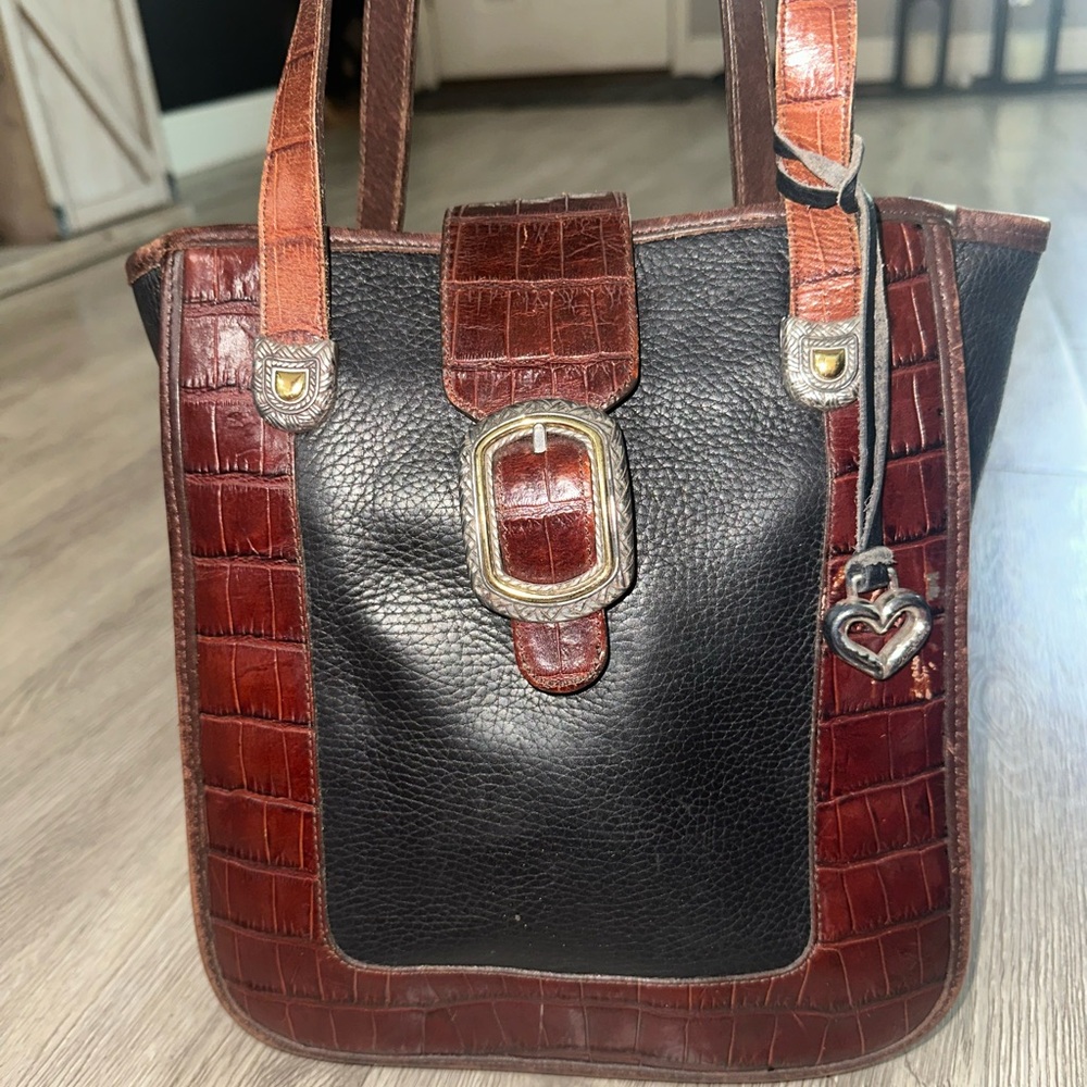 Brighton Vtg Black Leather Moc Croc Trim Tote Bag Purse
